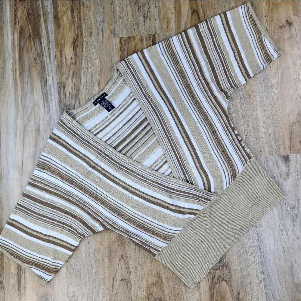 🍑New York & Company Tan & Gold Metallic Striped Surplice Vneck Sweater Medium